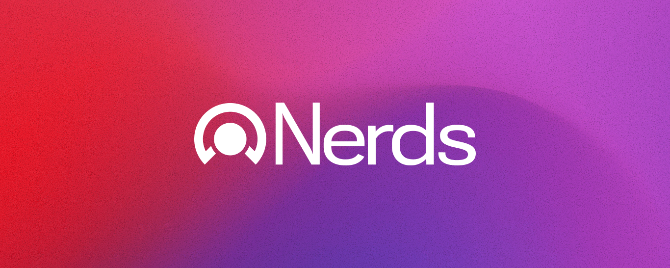 A red pink and purple mesh gradient with the Nerds logo overlayed in the center..